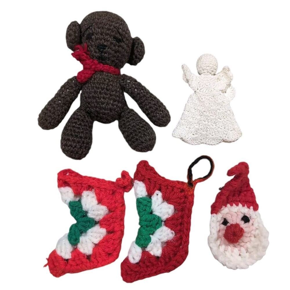 VTG Christmas Ornaments Handmade Crochet Yarn Lot of 5 Santa Stockings Angel